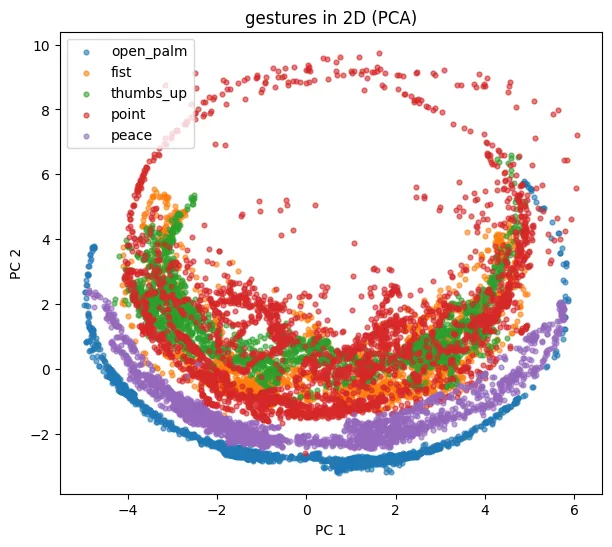 The five gestures projected to 2D with PCA, already forming separate clusters before any training