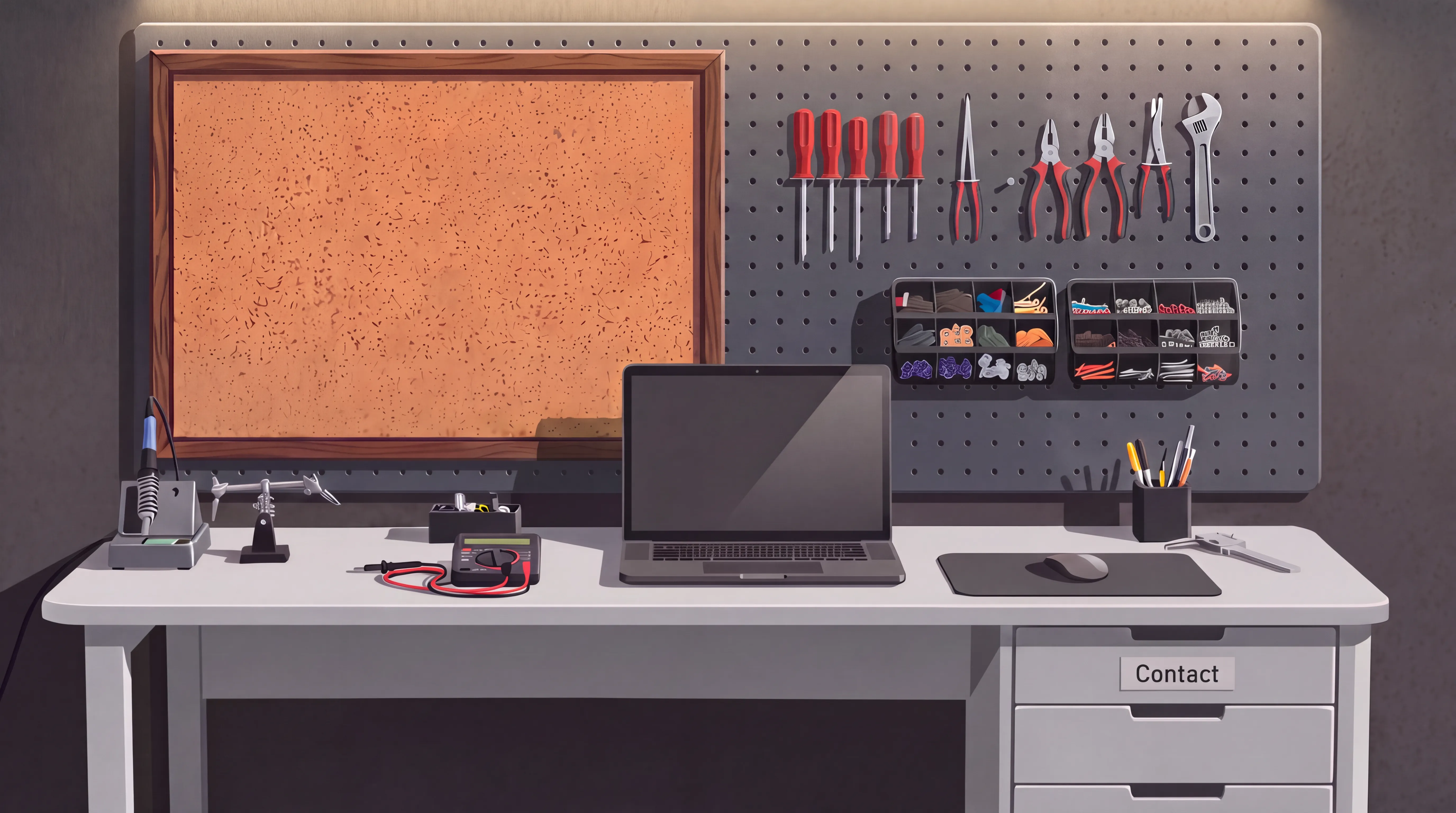 An illustrated workbench: a cork board and a pegboard hung with tools above a white desk holding a laptop, a soldering station and a multimeter, with labelled drawers.